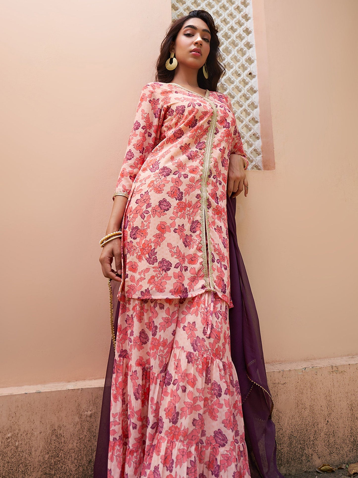 Janasya Peach Georgette Digital Floral Printed Set | Swadesiicart