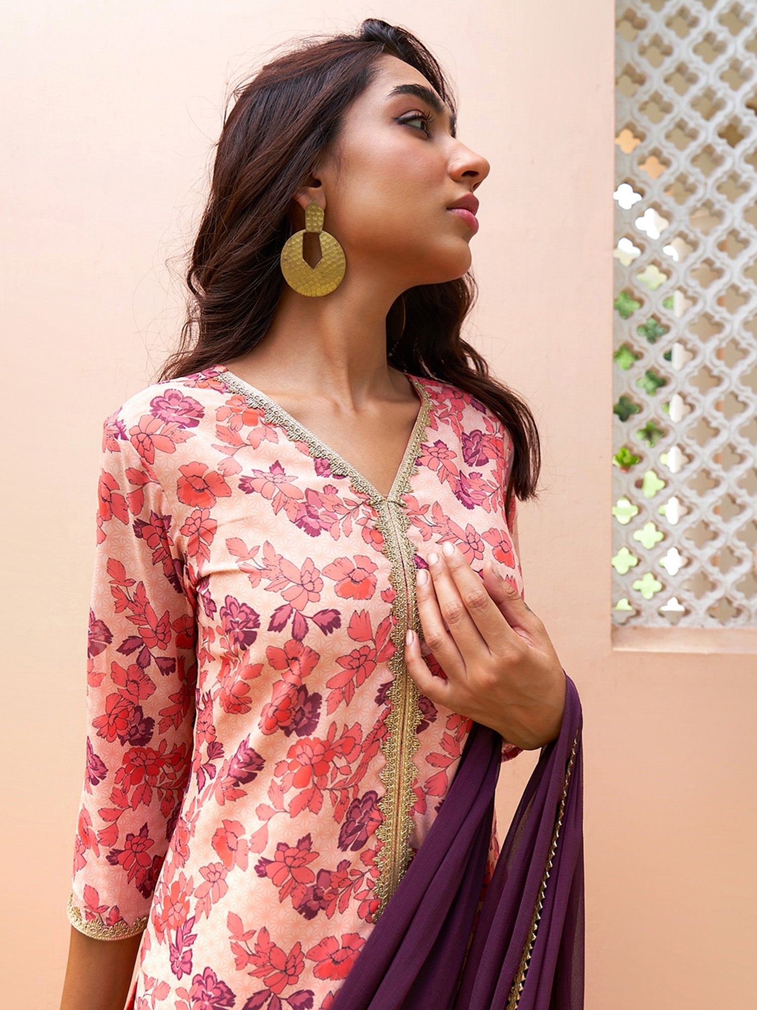 Janasya Peach Georgette Digital Floral Printed Set | Swadesiicart