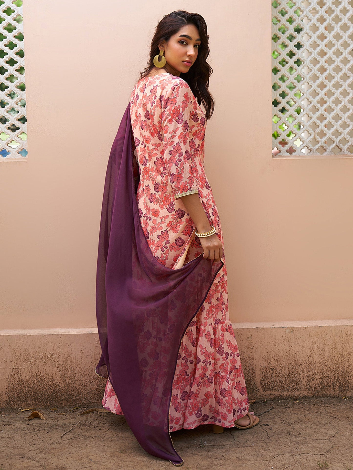 Janasya Peach Georgette Digital Floral Printed Set | Swadesiicart