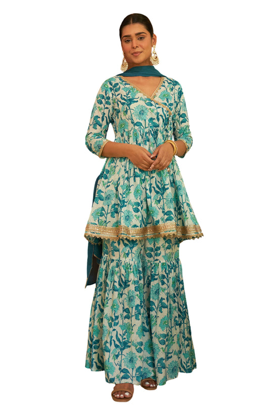 Janasya White Cotton Floral Printed Set | Swadesiicart