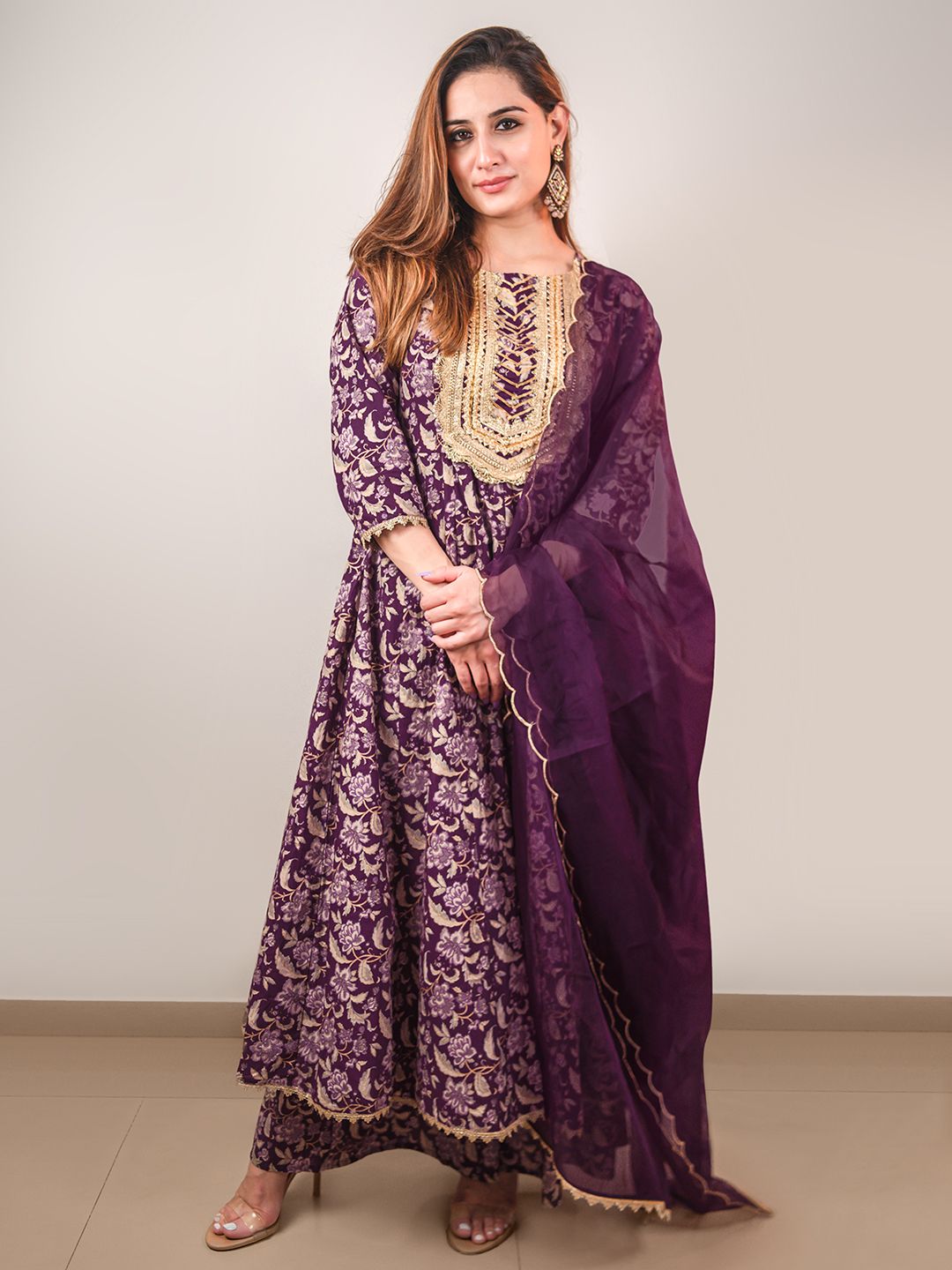 Janasya Violet Cotton Floral Printed Set | Swadesiicart