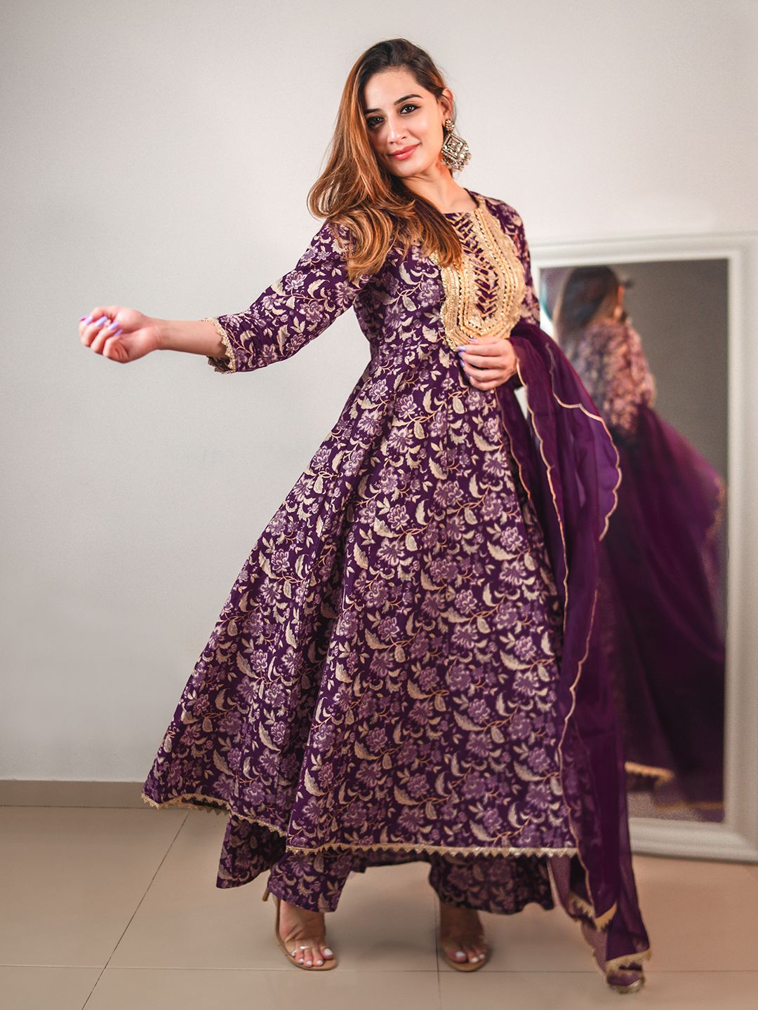 Janasya Violet Cotton Floral Printed Set | Swadesiicart
