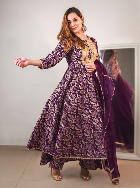 Janasya Violet Cotton Floral Printed Set | Swadesiicart