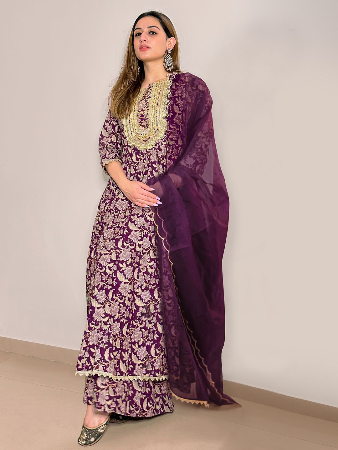 Janasya Violet Cotton Floral Printed Set | Swadesiicart