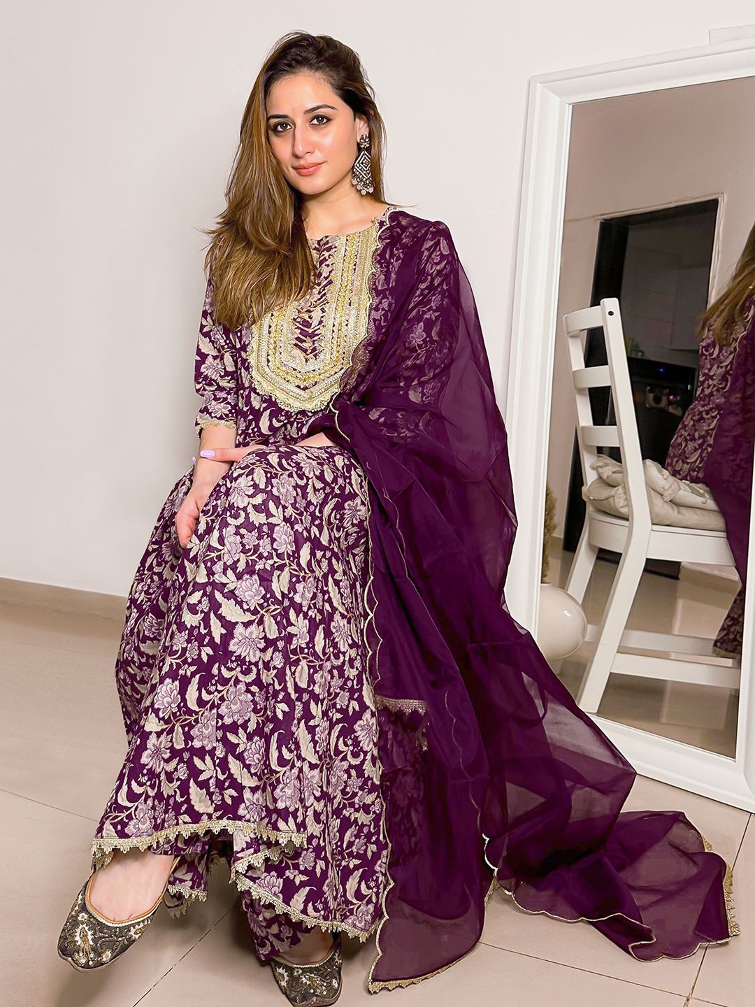 Janasya Violet Cotton Floral Printed Set | Swadesiicart