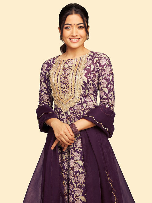 Janasya Violet Cotton Floral Printed Set | Swadesiicart