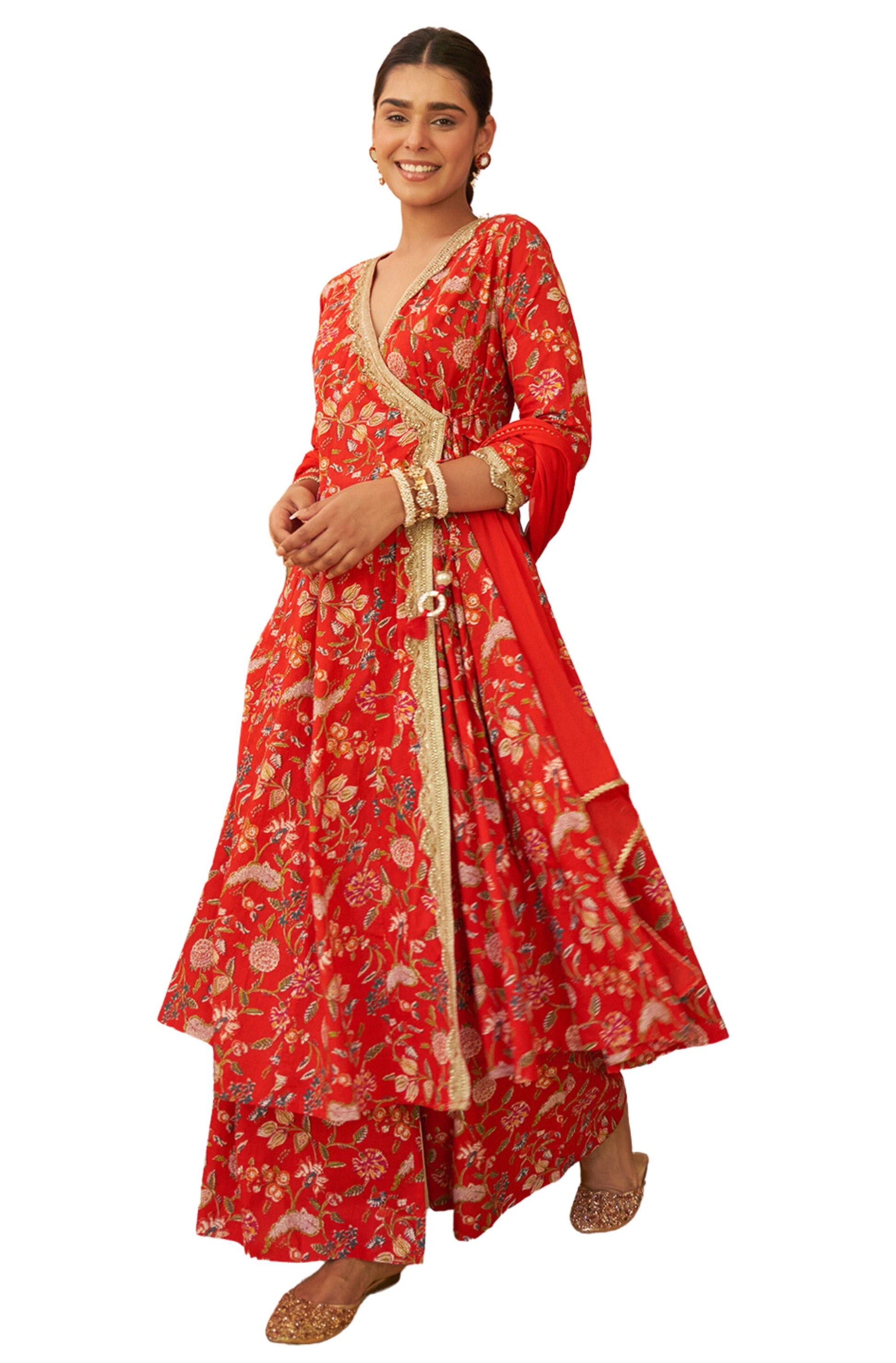 Janasya Red Cotton Floral Printed Set | Swadesiicart