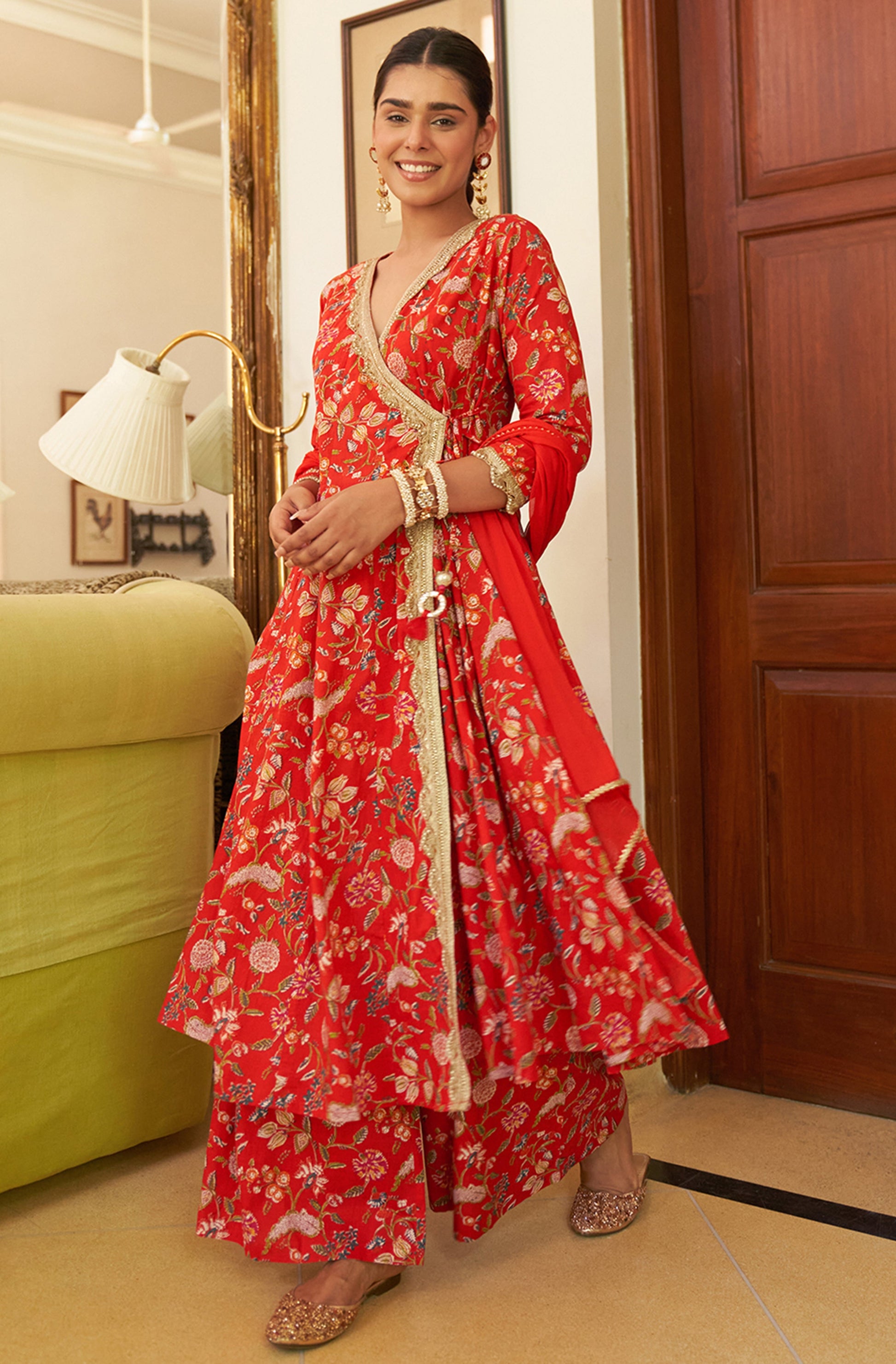 Janasya Red Cotton Floral Printed Set | Swadesiicart
