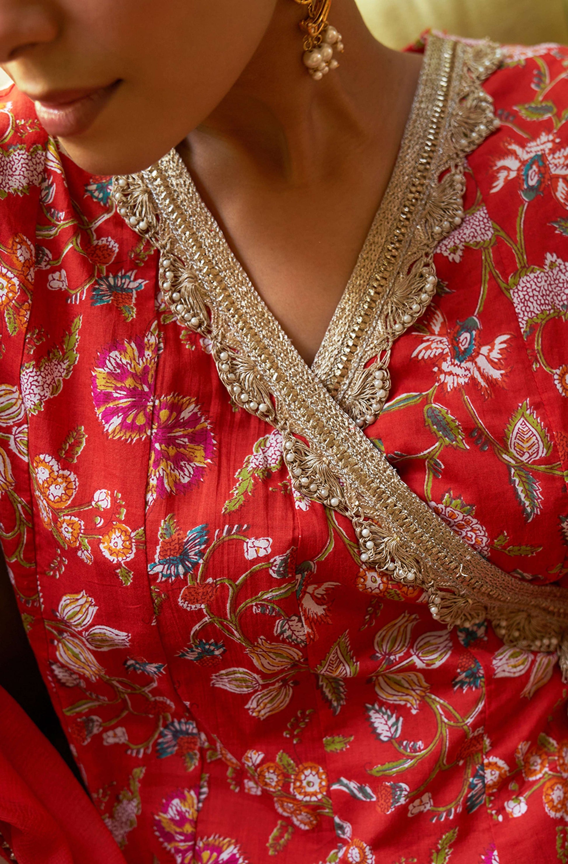 Janasya Red Cotton Floral Printed Set | Swadesiicart