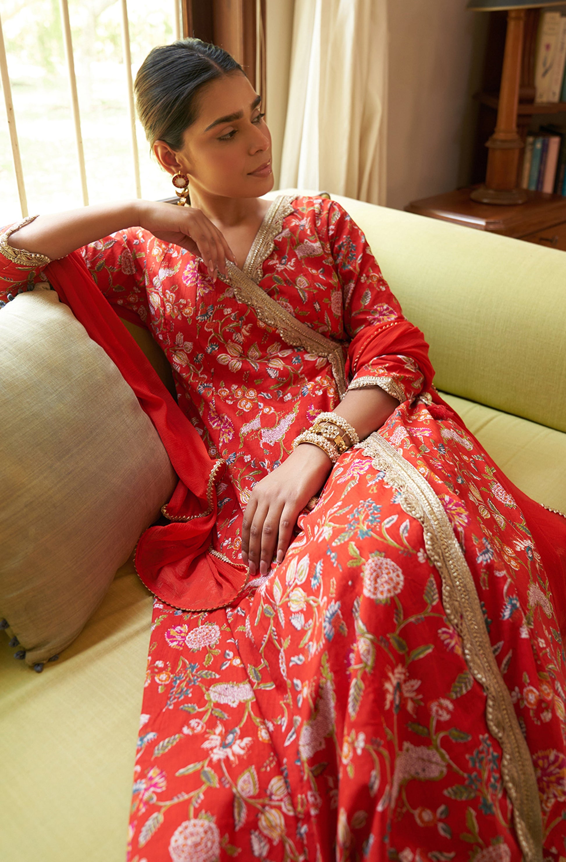 Janasya Red Cotton Floral Printed Set | Swadesiicart