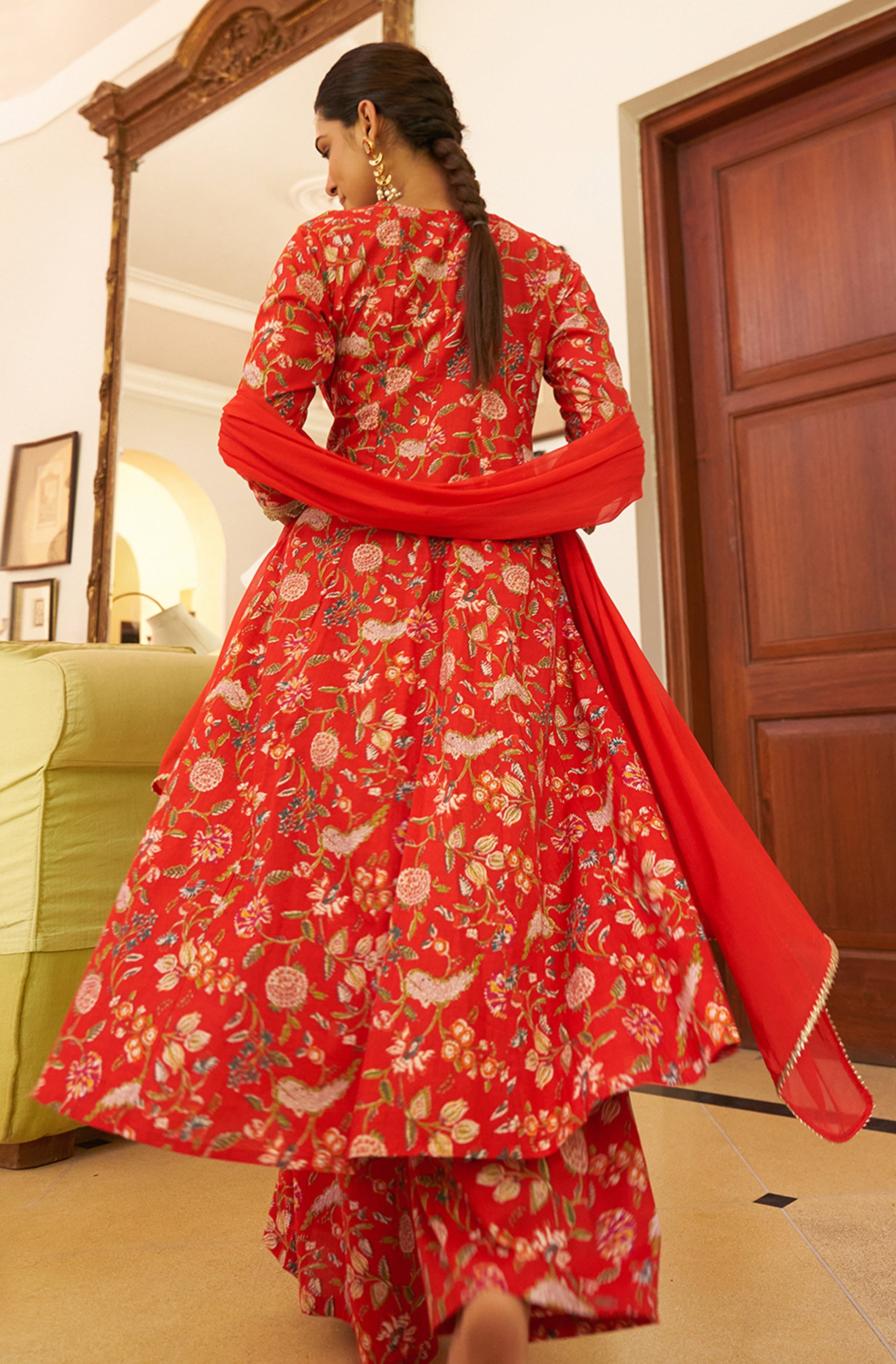 Janasya Red Cotton Floral Printed Set | Swadesiicart