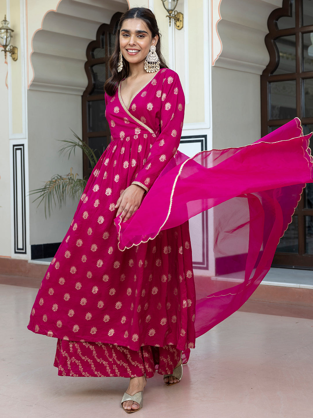 Janasya Women's Pink Brocade Woven Design Festive Angrakha Kurta Set | Swadesiicart