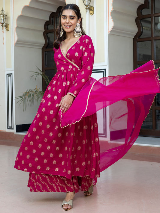 Janasya Women's Pink Brocade Woven Design Festive Angrakha Kurta Set | Swadesiicart