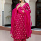 Janasya Women's Pink Brocade Woven Design Festive Angrakha Kurta Set | Swadesiicart