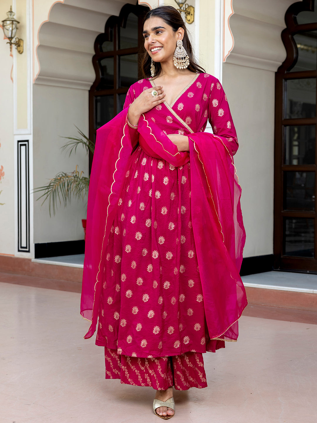 Janasya Women's Pink Brocade Woven Design Festive Angrakha Kurta Set | Swadesiicart