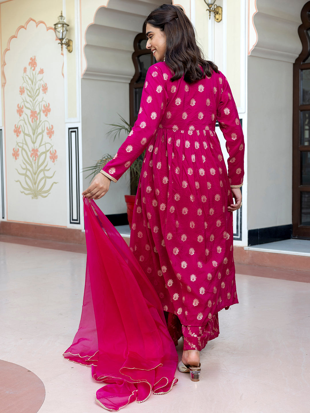 Janasya Women's Pink Brocade Woven Design Festive Angrakha Kurta Set | Swadesiicart