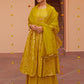 Janasya Women's Yellow Brocade Woven Design Festive Flared Kurta Set | Swadesiicart