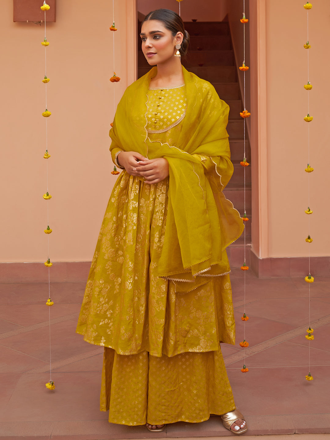 Janasya Women's Yellow Brocade Woven Design Festive Flared Kurta Set | Swadesiicart