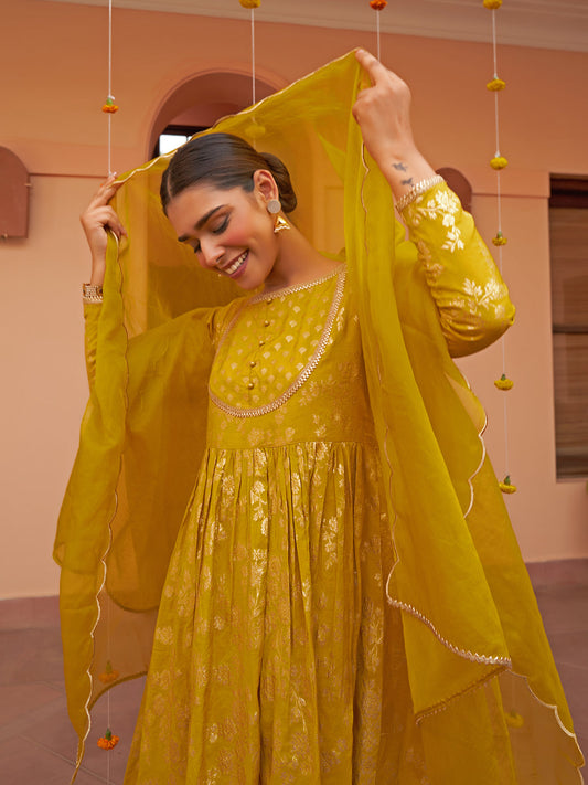 Janasya Women's Yellow Brocade Woven Design Festive Flared Kurta Set | Swadesiicart