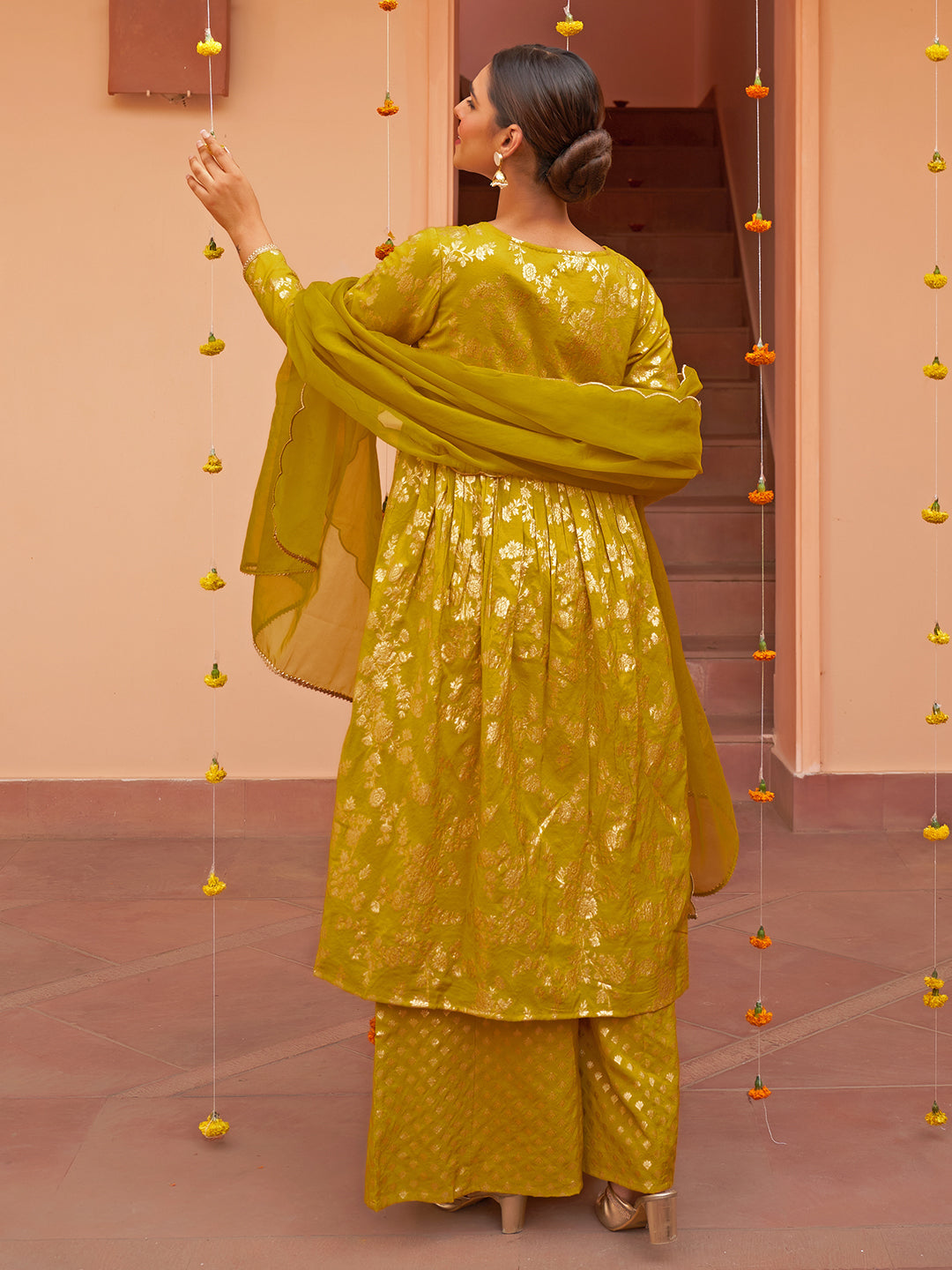 Janasya Women's Yellow Brocade Woven Design Festive Flared Kurta Set | Swadesiicart