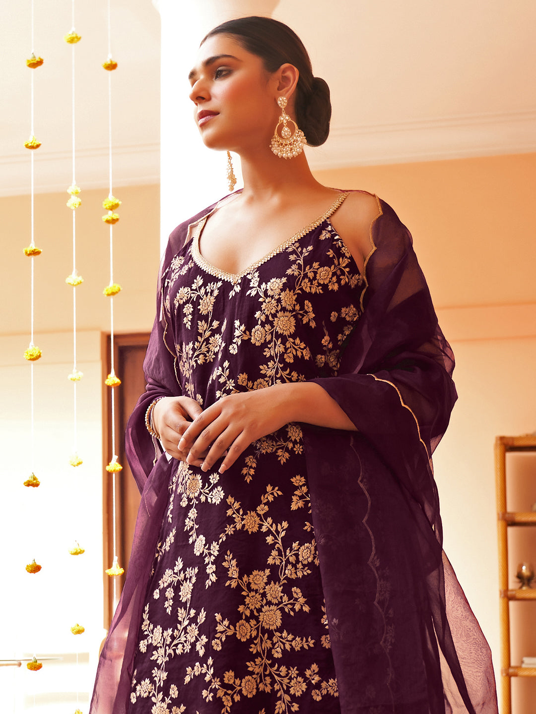 Janasya Women's Purple Brocade Woven Design Festive Straight Kurta Set | Swadesiicart