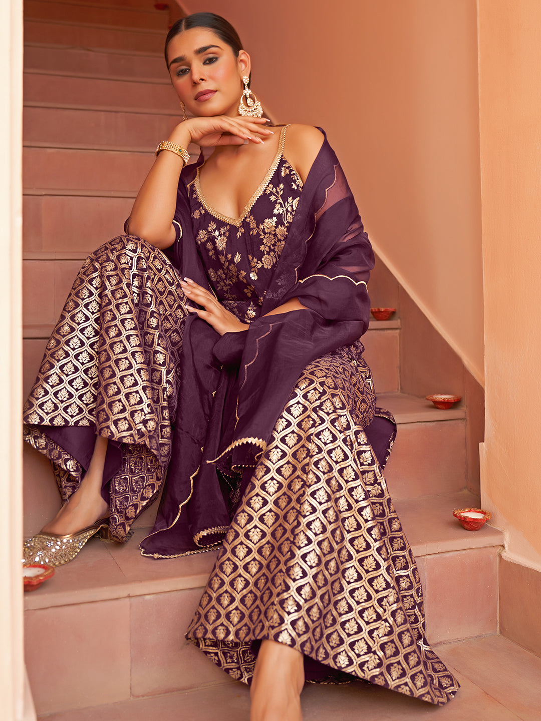 Janasya Women's Purple Brocade Woven Design Festive Straight Kurta Set | Swadesiicart