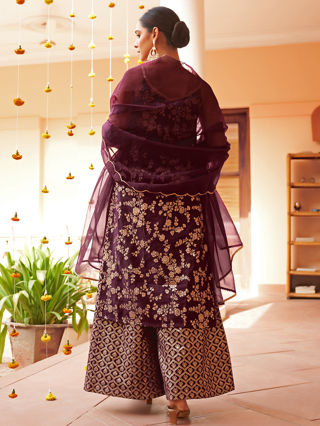 Janasya Women's Purple Brocade Woven Design Festive Straight Kurta Set | Swadesiicart