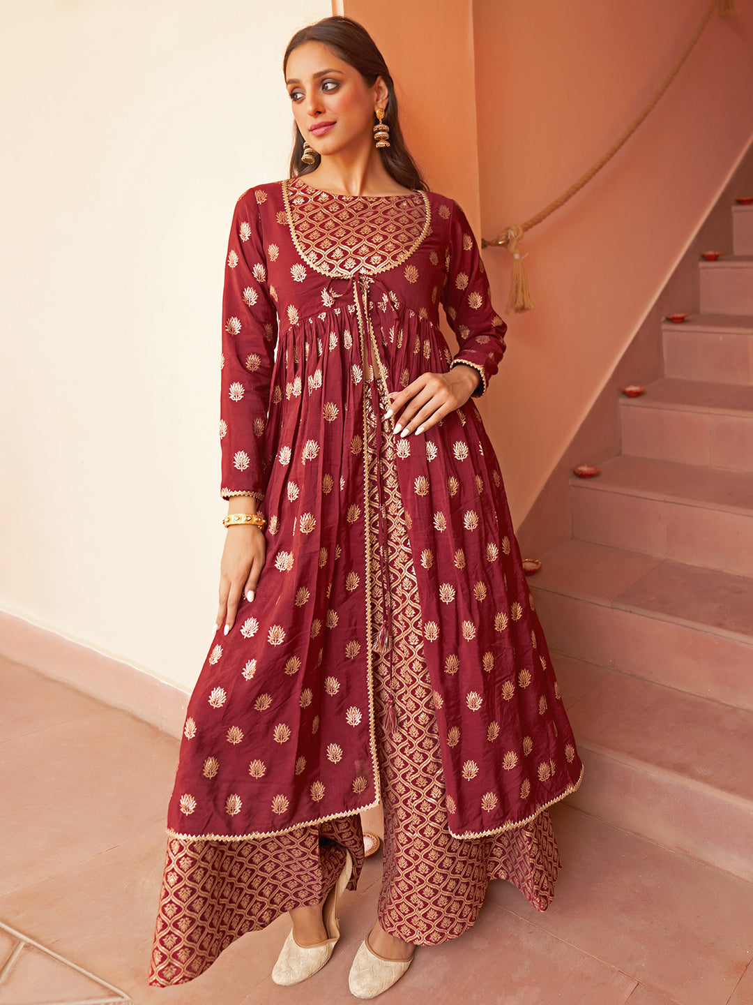 Janasya Women's Maroon Brocade Woven Design Festive Crop Top Set - Swadesiicart