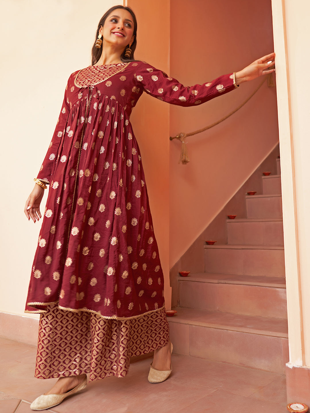 Janasya Women's Maroon Brocade Woven Design Festive Crop Top Set - Swadesiicart