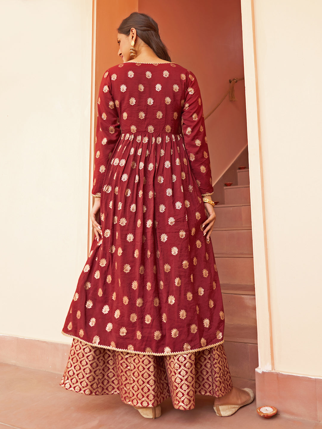 Janasya Women's Maroon Brocade Woven Design Festive Crop Top Set - Swadesiicart