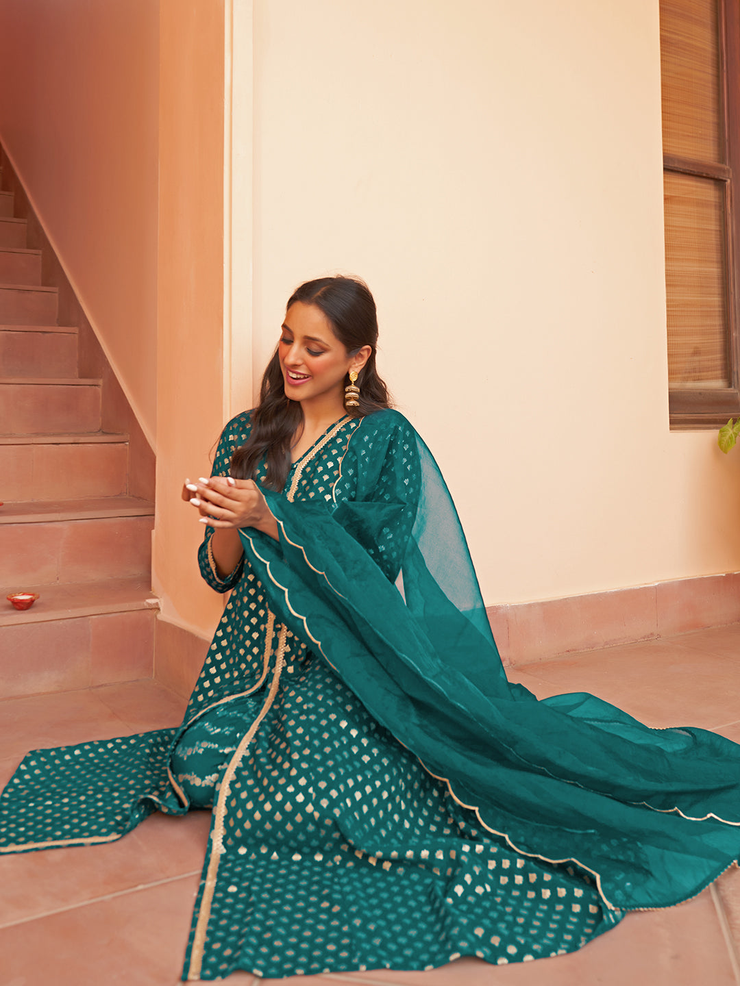 Janasya Women's Teal Brocade Woven Design Festive A-line Kurta Set | Swadesiicart