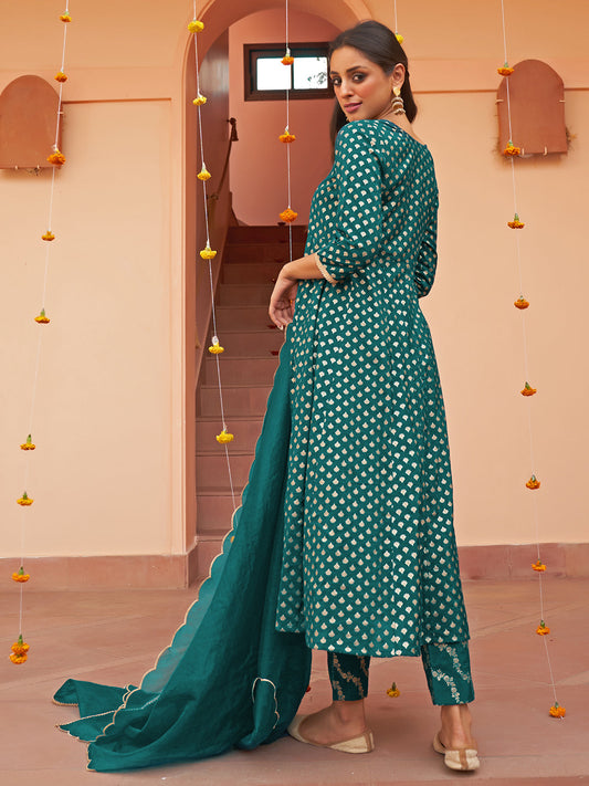 Janasya Women's Teal Brocade Woven Design Festive A-line Kurta Set | Swadesiicart