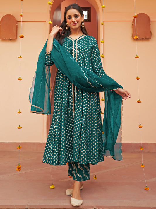 Janasya Women's Teal Brocade Woven Design Festive A-line Kurta Set | Swadesiicart