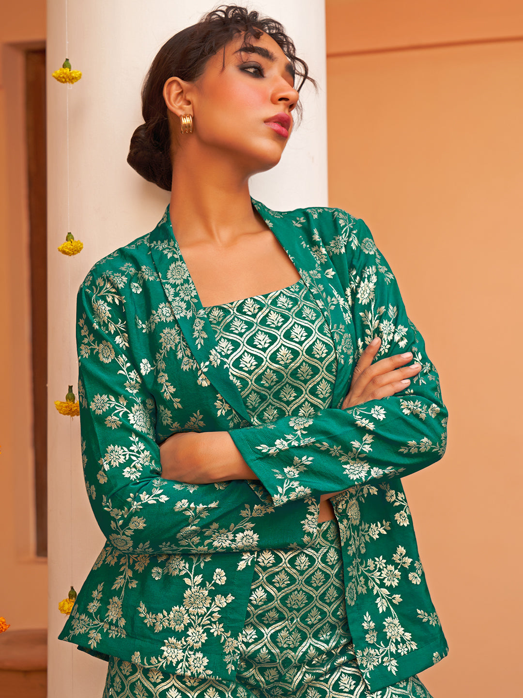 Janasya Women's Rama Green Brocade Woven Design Festive Crop Top Set | Swadesiicart