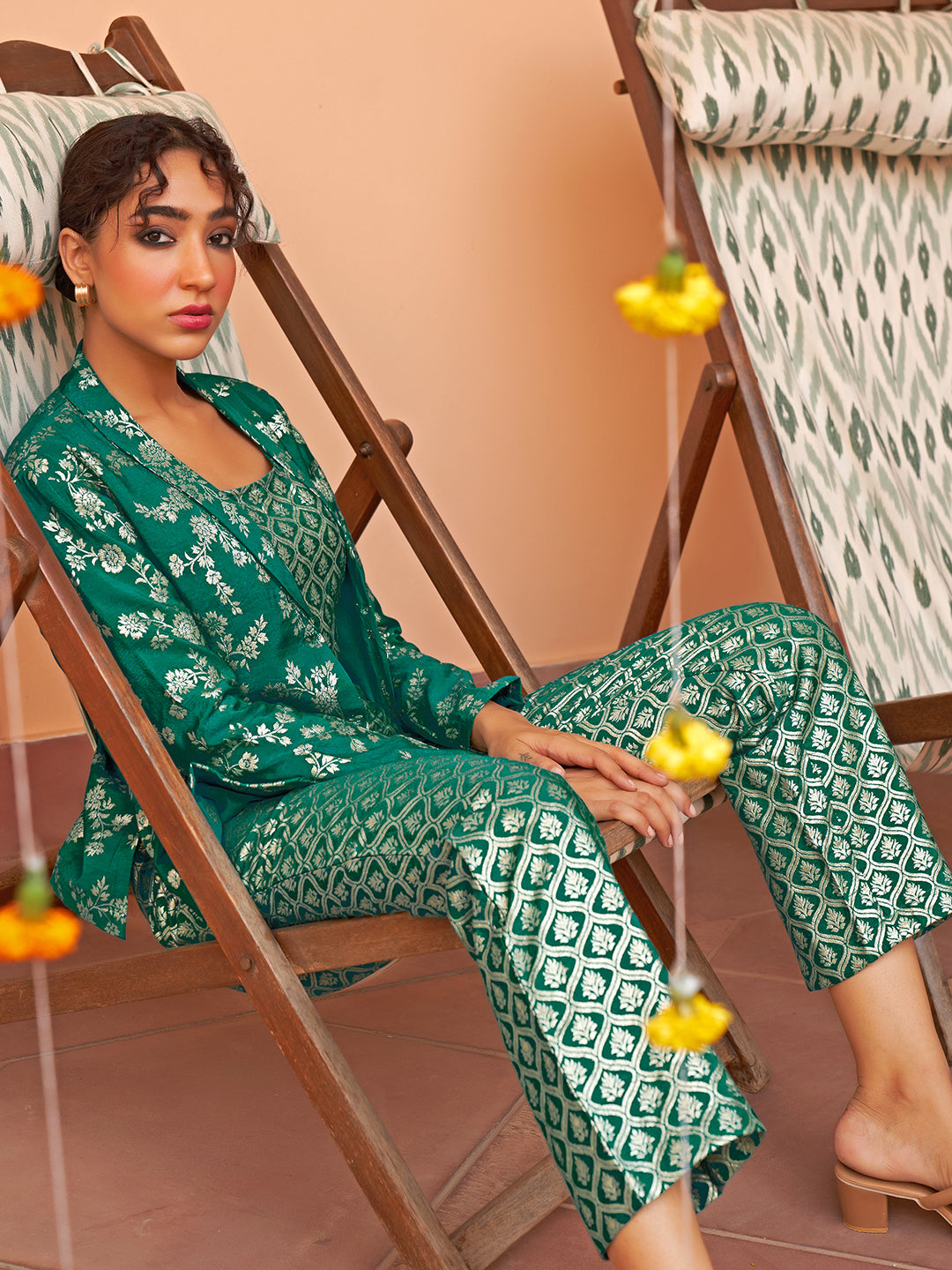 Janasya Women's Rama Green Brocade Woven Design Festive Crop Top Set | Swadesiicart