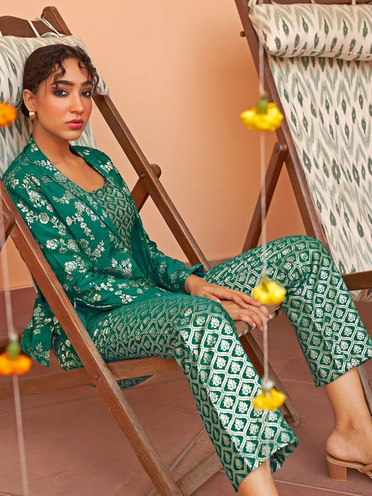 Janasya Women's Rama Green Brocade Woven Design Festive Crop Top Set | Swadesiicart