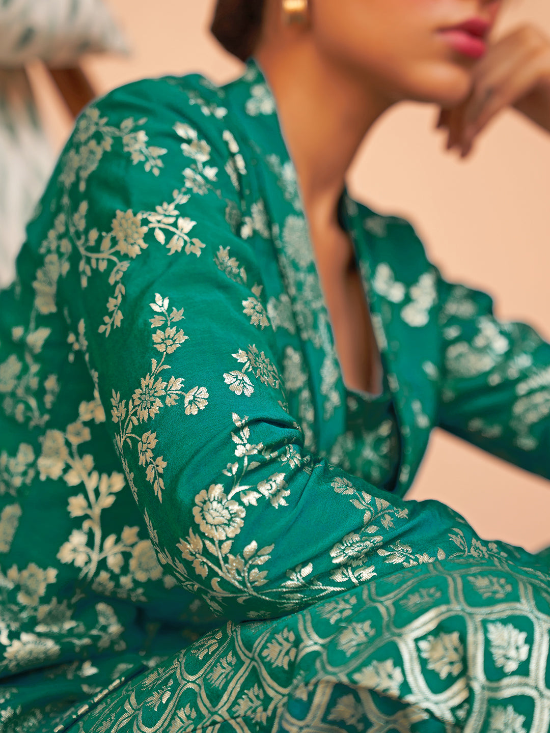 Janasya Women's Rama Green Brocade Woven Design Festive Crop Top Set | Swadesiicart