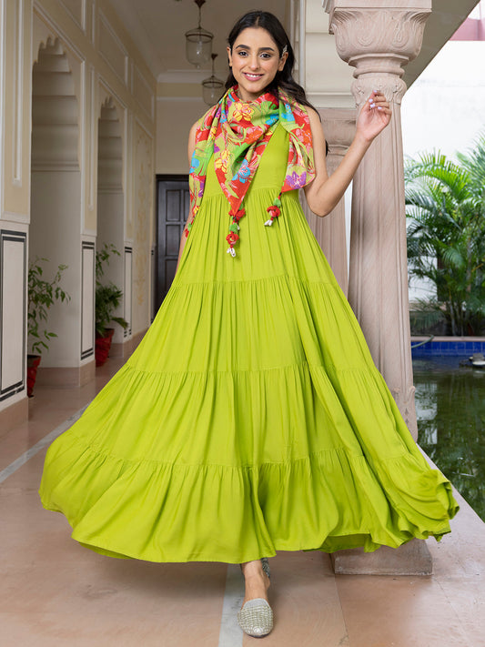 Janasya Women's Lime Green Rayon Solid Festive Tiered Kurta Set | Swadesiicart