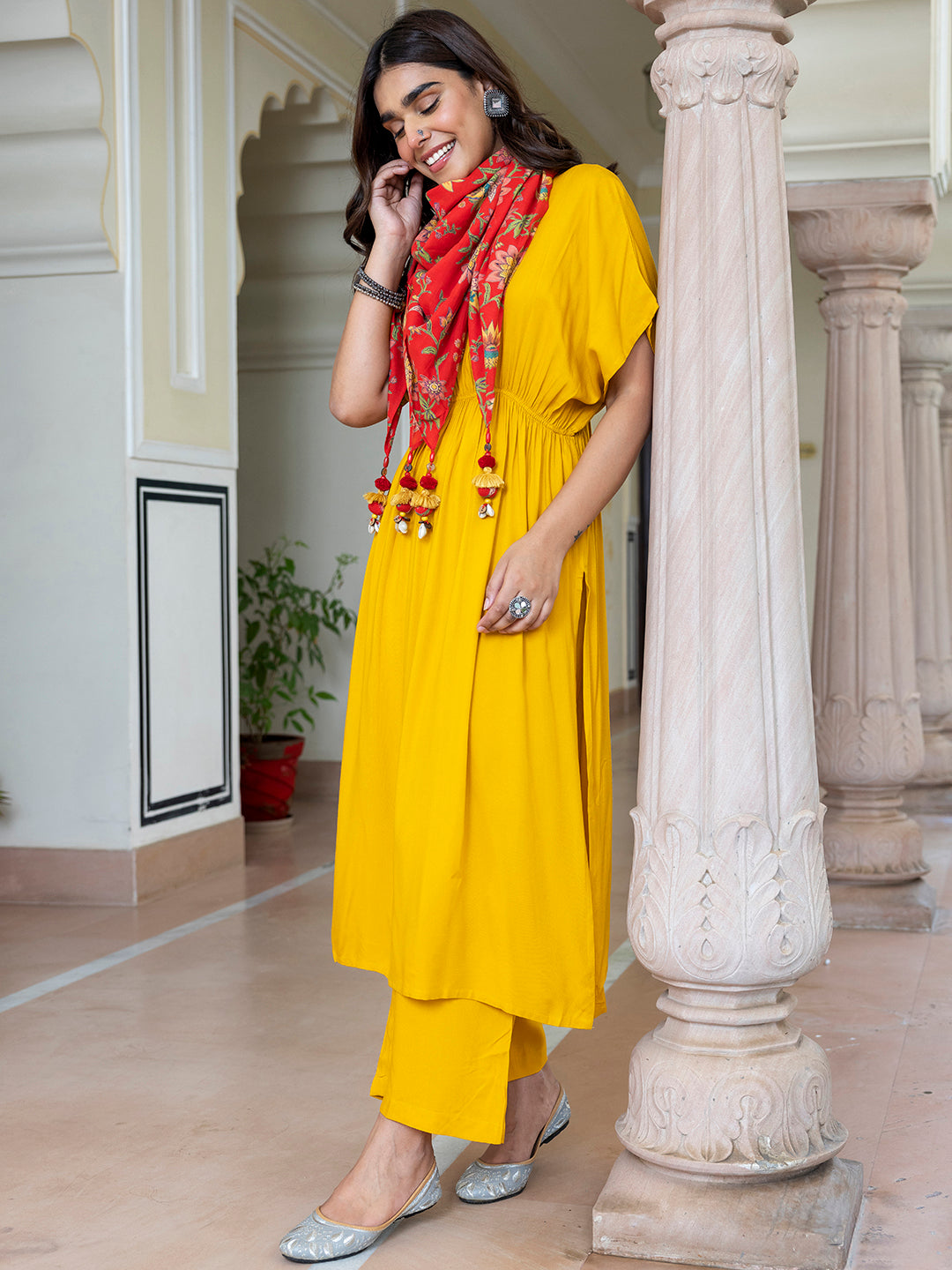 Janasya Women's Mustard Rayon Solid Festive Gathered Kurta Set | Swadesiicart
