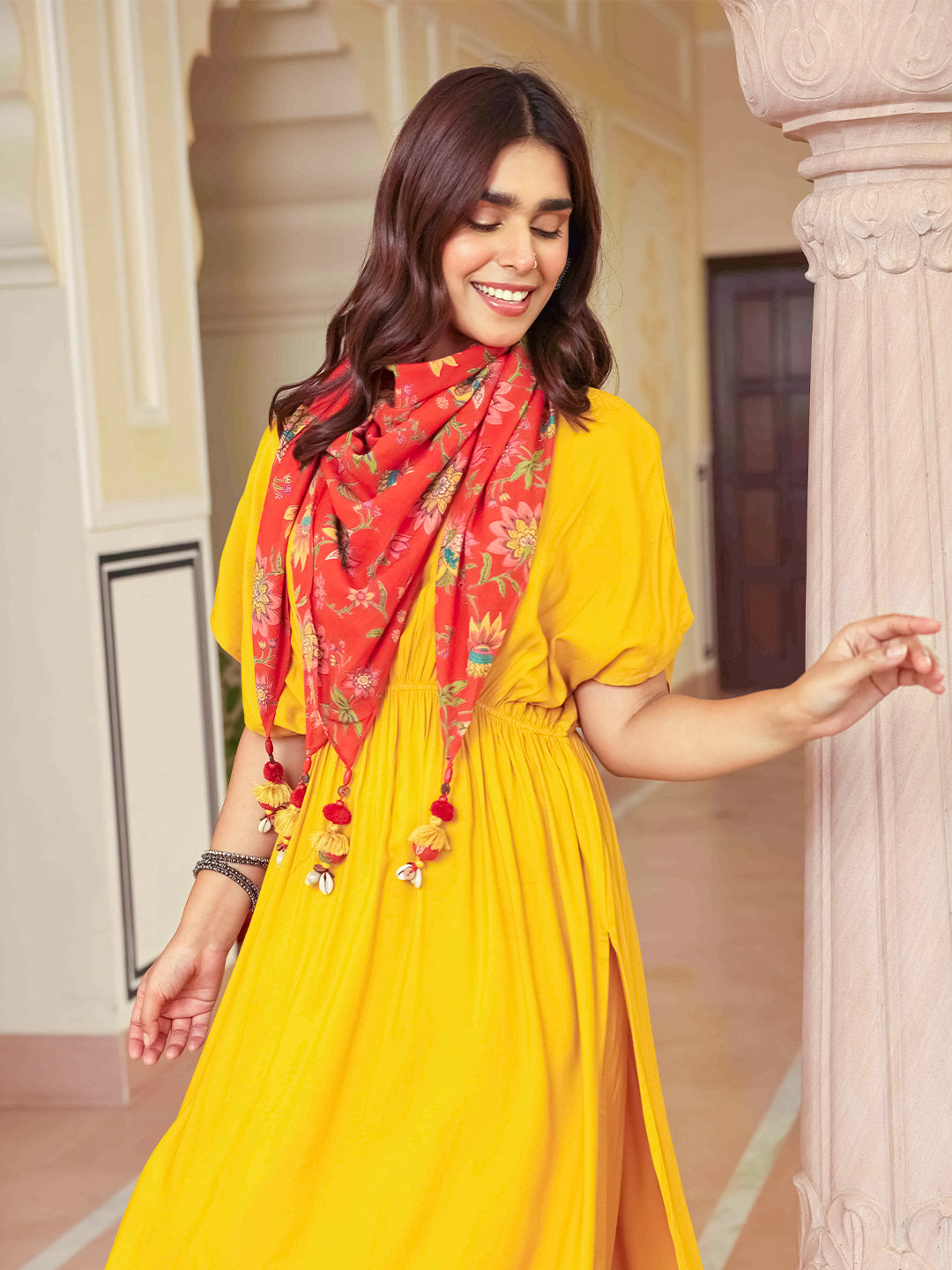 Janasya Women's Mustard Rayon Solid Festive Gathered Kurta Set | Swadesiicart