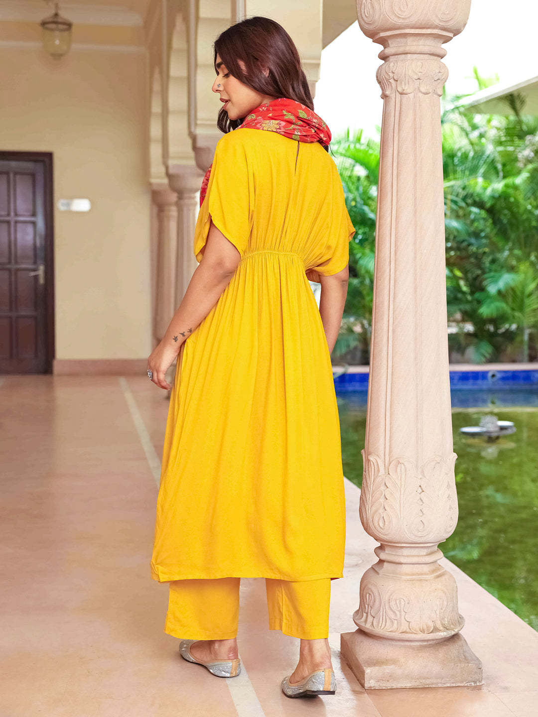 Janasya Women's Mustard Rayon Solid Festive Gathered Kurta Set | Swadesiicart
