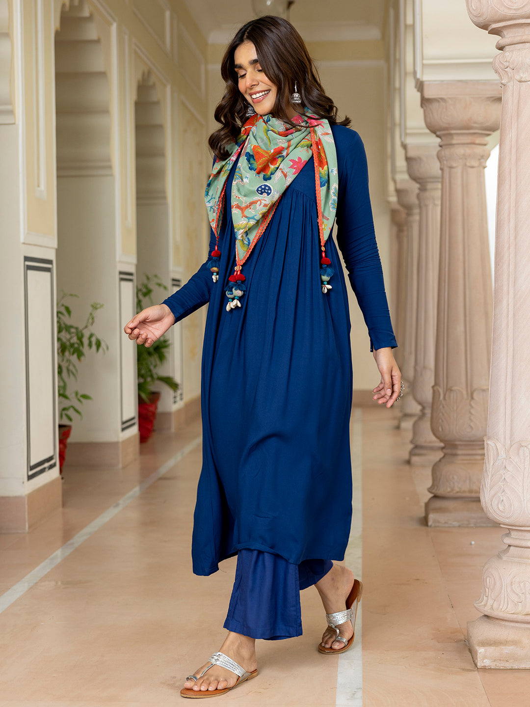 Janasya Women's Blue Rayon Solid Festive Gathered Kurta Set | Swadesiicart