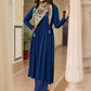 Janasya Women's Blue Rayon Solid Festive Gathered Kurta Set | Swadesiicart