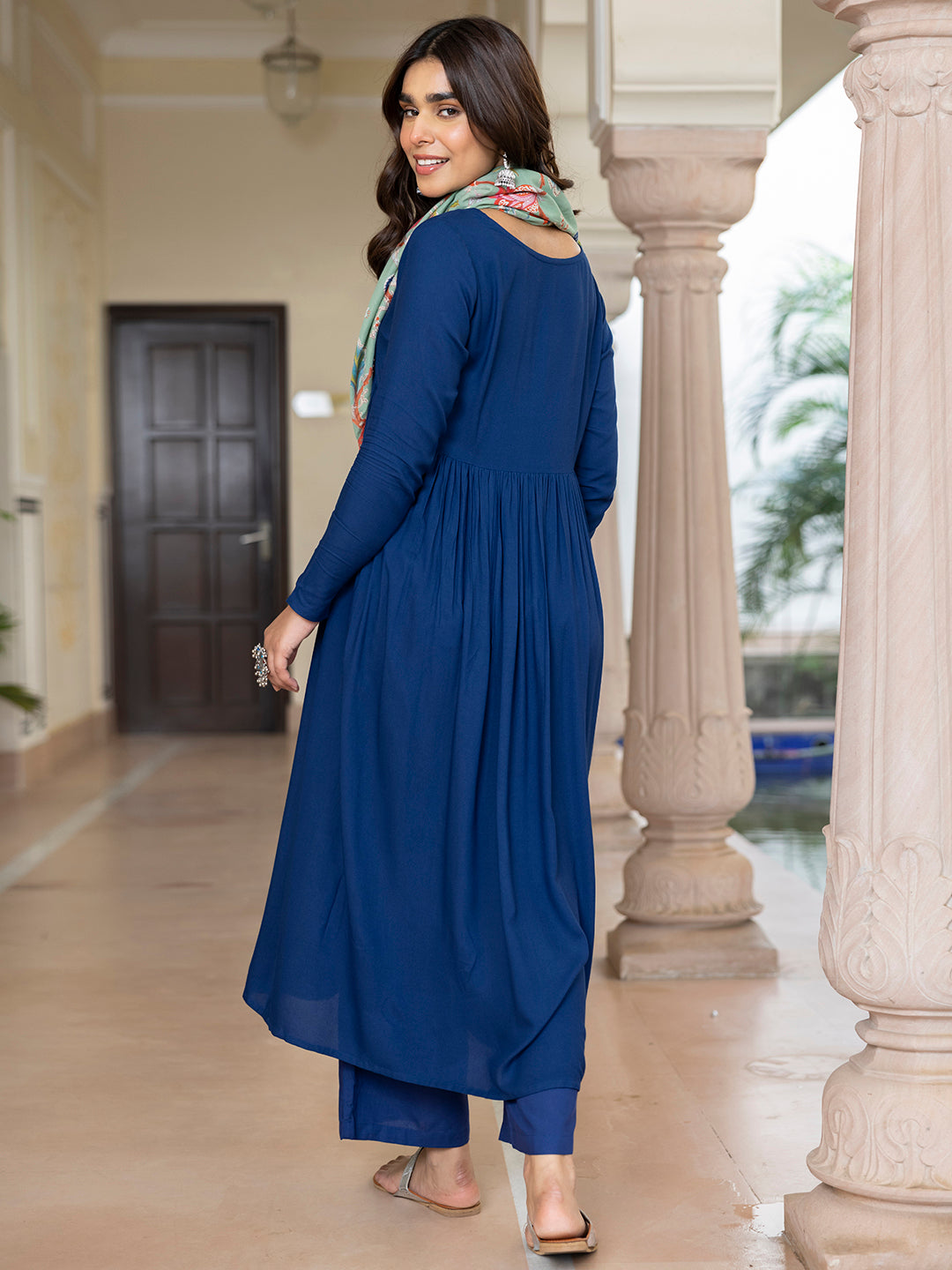 Janasya Women's Blue Rayon Solid Festive Gathered Kurta Set | Swadesiicart