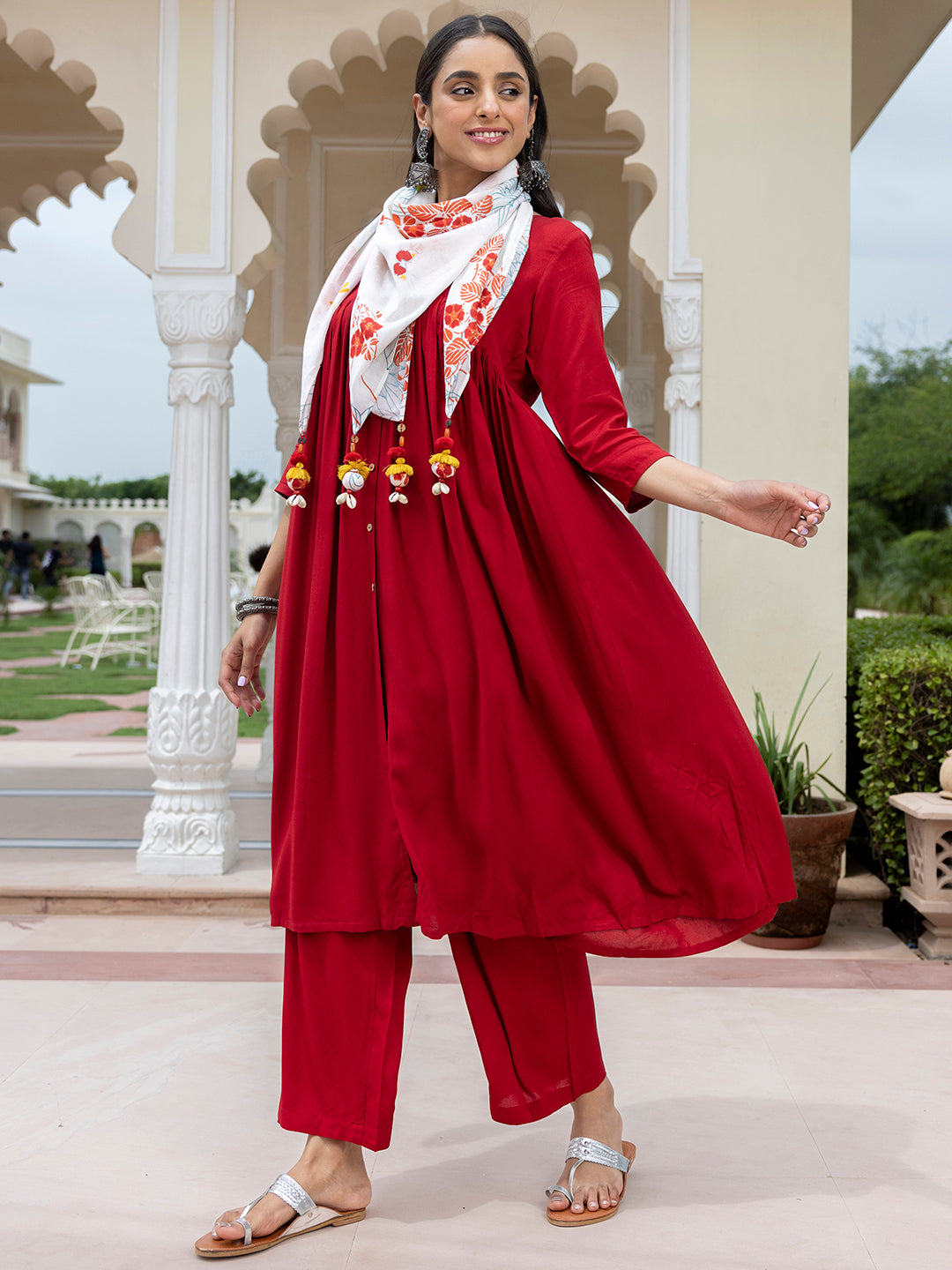 Janasya Women's Maroon Rayon Solid Festive Gathered Kurta Set | Swadesiicart