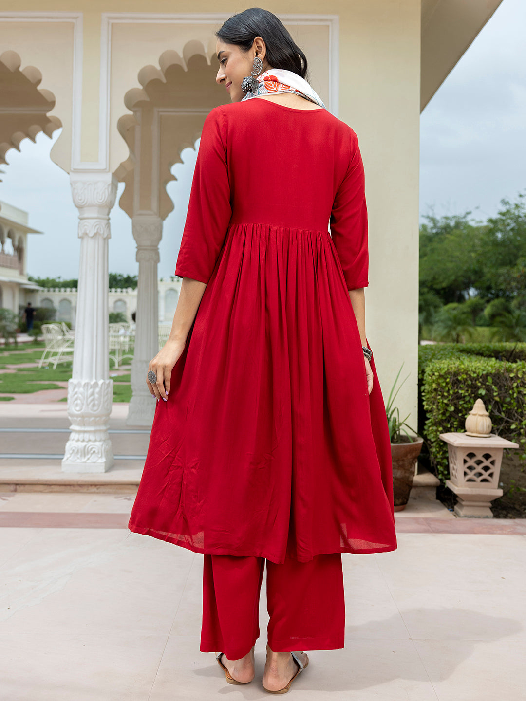 Janasya Women's Maroon Rayon Solid Festive Gathered Kurta Set | Swadesiicart