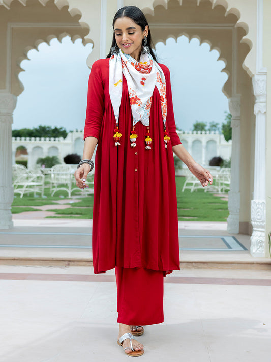Janasya Women's Maroon Rayon Solid Festive Gathered Kurta Set | Swadesiicart