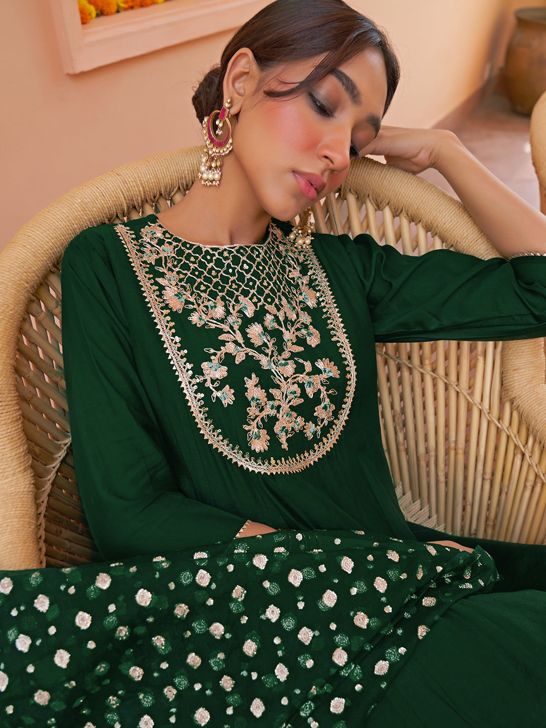 Janasya Women's Dark Green Chanderi Embellished Festive Anarkali Kurta Set | Swadesiicart