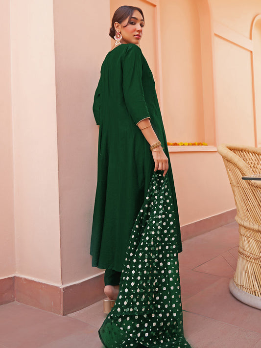 Janasya Women's Dark Green Chanderi Embellished Festive Anarkali Kurta Set | Swadesiicart
