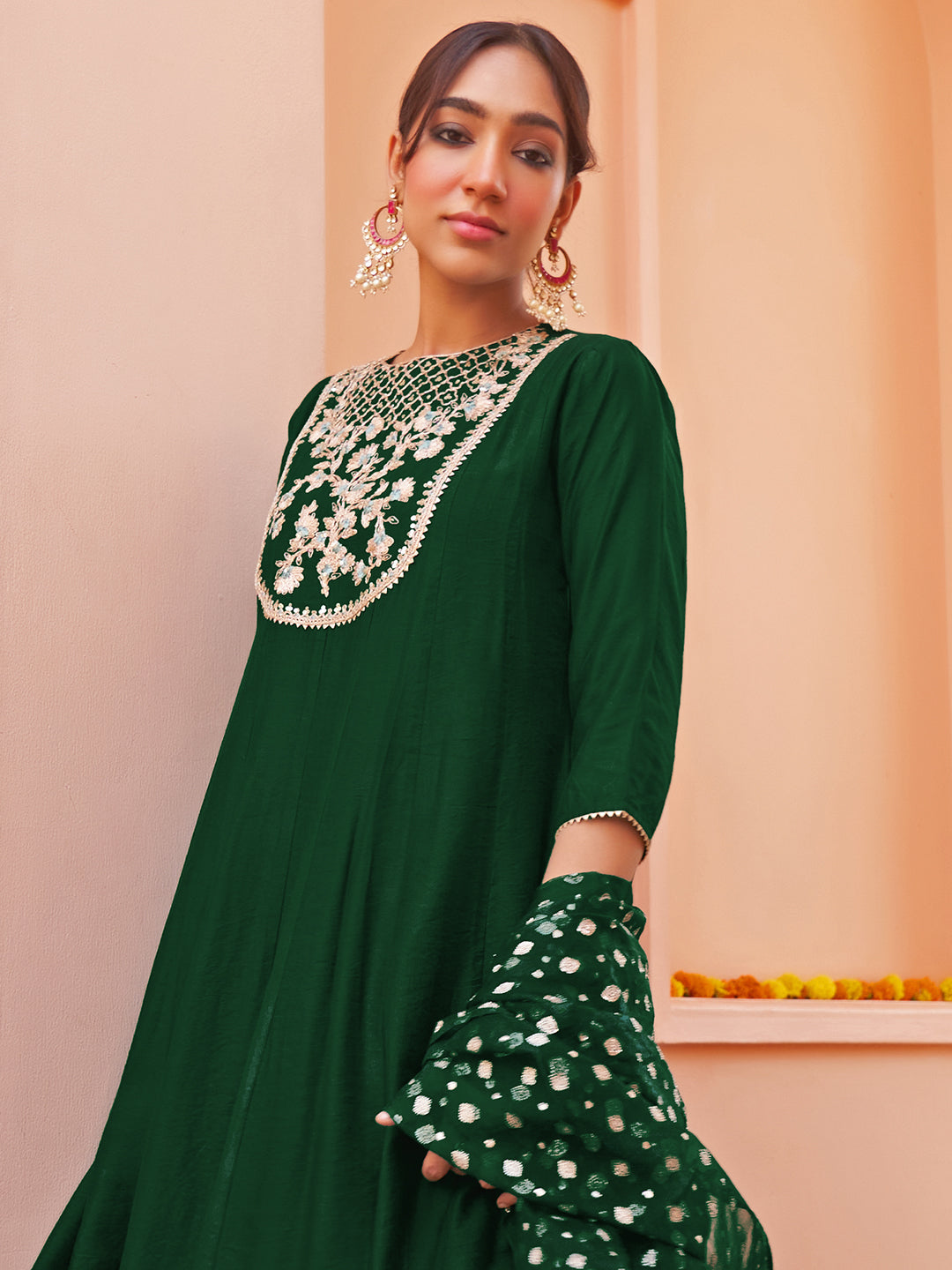 Janasya Women's Dark Green Chanderi Embellished Festive Anarkali Kurta Set | Swadesiicart